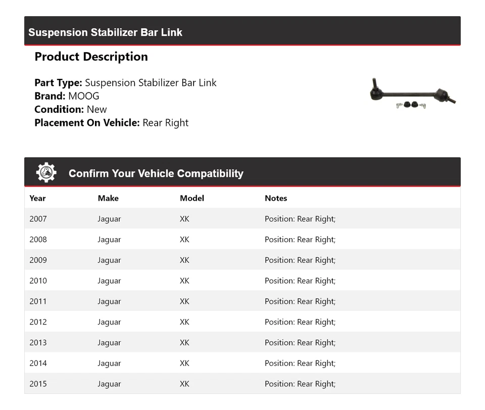Barra estabilizadora de suspensión trasera derecha MOOG 2007-2015 Jaguar XK Foto 2 de 4