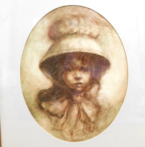 Vel Miller junges Mädchen mit Sonnenhaube & Schleife matt gerahmter Druck 14""x12"" Vintage USA - Bild 3 von 5