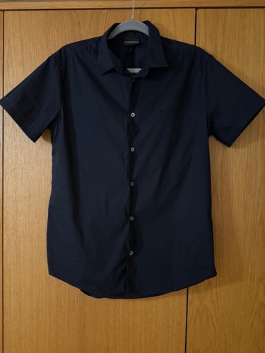 EMPORIO ARMANI HERREN SCHWARZ KURZARM GEKNÖPFTER KRAGEN SLIM FIT HEMD LARGE L