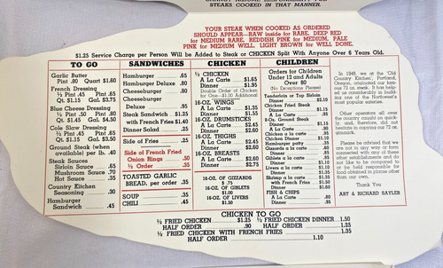 Vintage 1950er alte Landhausküche HOME OF THE 72 OZ STEAK Speisekarte Portland mit Einsatz - Bild 4 von 6