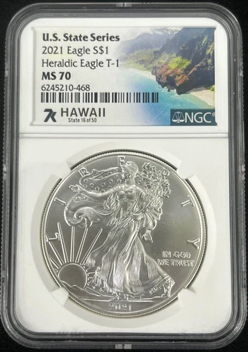 2021 $1 AMERICAN SILVER EAGLE NGC MS70 U.S. STATE SERIES HAWAII LABEL T-1