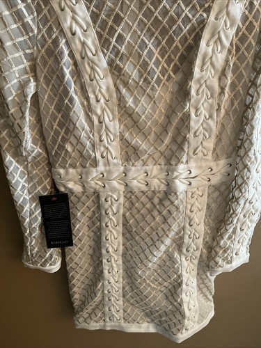 BEBE Women's Shannon Lace Up Ivory Metallic Gold Mesh Party Dress Sz 10 - $229 - Picture 3 of 10