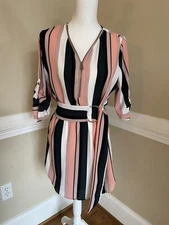 J for Justify Striped Blouse, Pink & Black, Zipper Neckline Womens Medium Belted