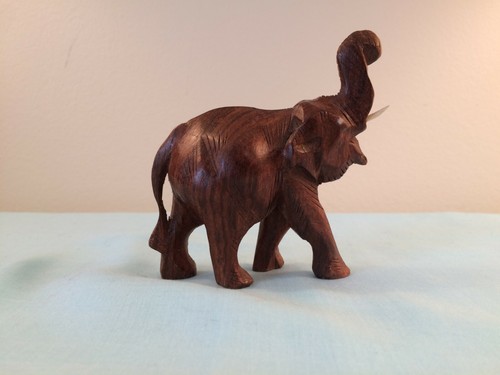 VINTAGE HAND CARVED WOODEN AFRICAN ELEPHANT ANIMAL FIGURINE-DARK BROWN-4 INCHES - Picture 5 of 8