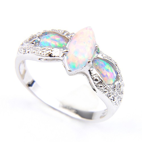 Special Design 2 Stone White Fire Opal Gems Silver Woman Ring US Size 7-11 - Picture 9 of 15