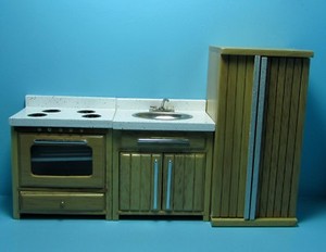 Dollhouse Miniature Complete Modern Kitchen Set in Oak Dollhouse Miniature Complete Modern Kitchen Set in Oak