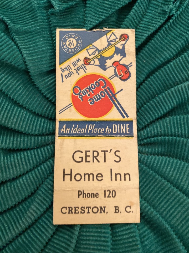 Vintage Matchbook Cover 1940’s, Creston B.C. Heart’s Home Inn Home