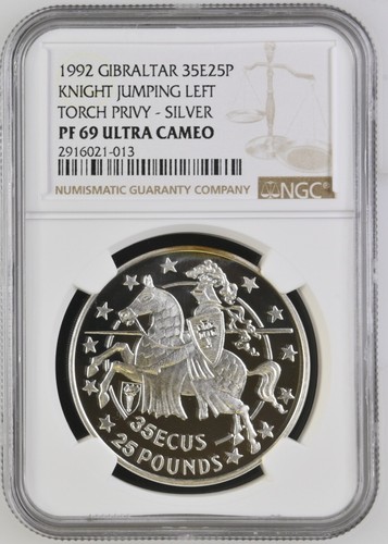 1992 Gibraltar 35 ECU 25 Pounds Silver Proof NGC PF69 Ultra Cameo - Torch Privy - Picture 1 of 4