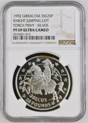1992 Gibraltar 35 ECU 25 Pounds Silver Proof NGC PF69 Ultra Cameo - Torch Privy