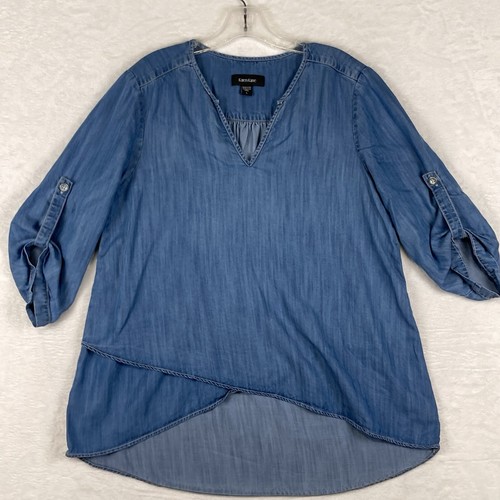 Karen Kane Damen L Prairie Boho blau Chambray Bluse Rollriegel asymmetrisch Resort