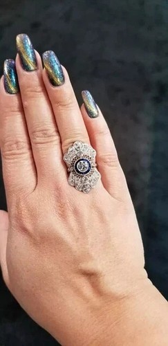 Art Deco Style Round Lab Created Diamond Engagement 14K White Gold Plated Ring - Picture 3 of 9