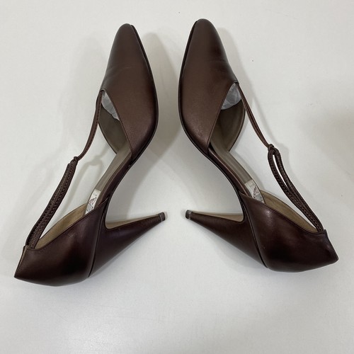 BANDOLINO VTG T Strap Brown Leather Womens 8 Heels Point Toe Pump Shoes - Picture 5 of 10