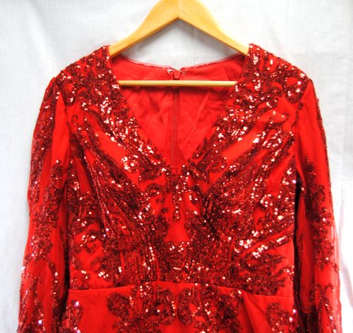 Women's Long Sleeve V-Neck Sequined Mermaid Evening Dress Size 16 Red New T2394 - Picture 14 of 18