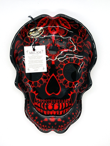 Akcam Red Silver Sugar Skull Plate Decorative Appetizer 8x6" Fall Halloween Gift - Picture 1 of 12