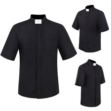 Men's Clergy Shirt Short Sleeve Priest Pastor Minister Tops Button Down Costume