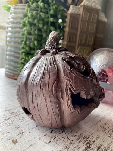 Signed Art Pottery Ugly Face Jack O Lantern Biting Mini Pumpkin Sculpture Scary - Picture 8 of 21