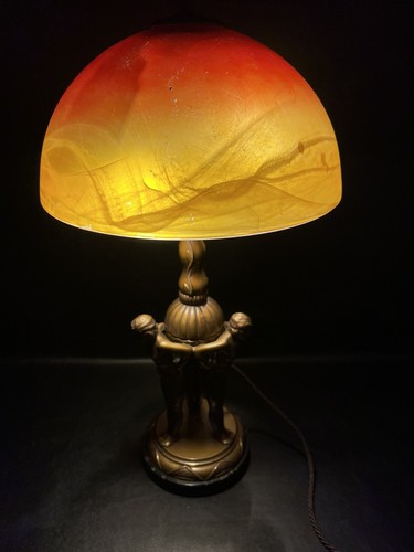 Antike alte Jugendstil Art Deco Bronze Tischleuchte 3 Grazien Akt mit Glasschirm - Bild 7 von 21