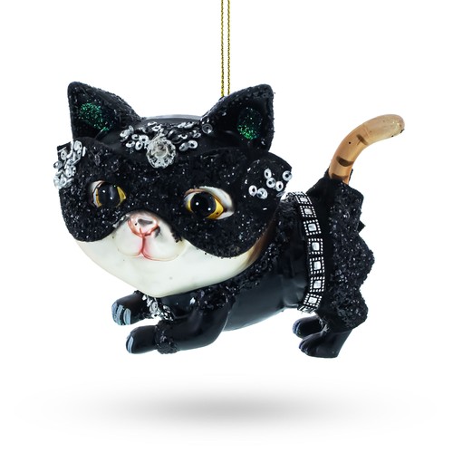 Mysterious Cat in Mask Blown Glass Ornament - Picture 2 of 6