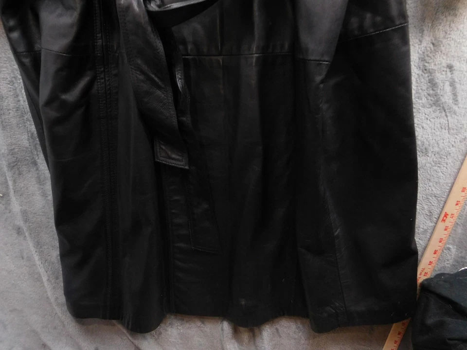 Jeno de Paris Coat Mens 50 Black Leather Trench Double Breasted Belted Long - Image 4 of 4