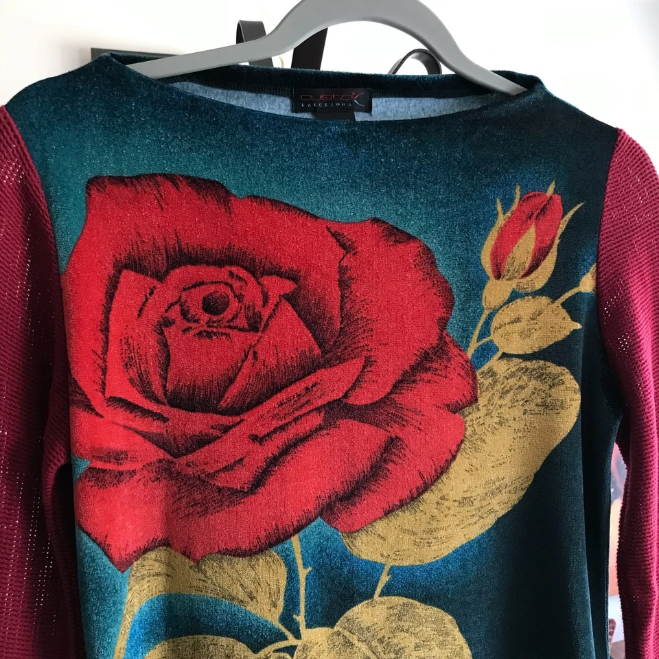 CUSTO BARCELONA размер S синий и красный бархат розы вышитые клетчатые рукава Топ - Изображение 2 из 4