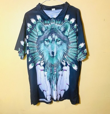 Native Green Wolf Design Collarad Shirt