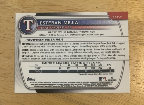2025 Esteban Mejia 1st Bowman Chrome Purple Raywave Refractor /250 Rangers - Bild 2 von 3