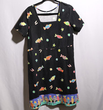 VTG 90s Black Colorful Fish Square Neck Dress Retro Whimsigoth Quirky Beach L