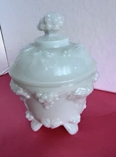 Vintage White Milk Glass Grape Pattern Design Covered Jar- Jam, Candy, Etc!