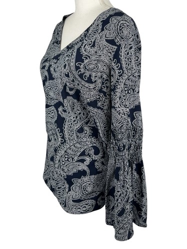 Michael Kors Women Blue Paisley bell sleeve Size L Peasant Top Tunic - Picture 6 of 14
