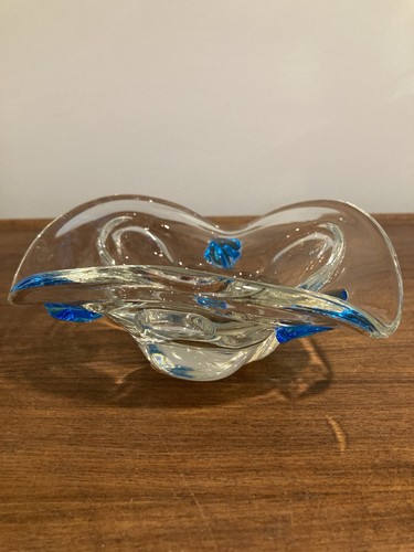 Murano Bowl Art Glass Cobalt Blue Clear Heavy Vintage 1960s Handblown Freeform - Picture 1 of 10