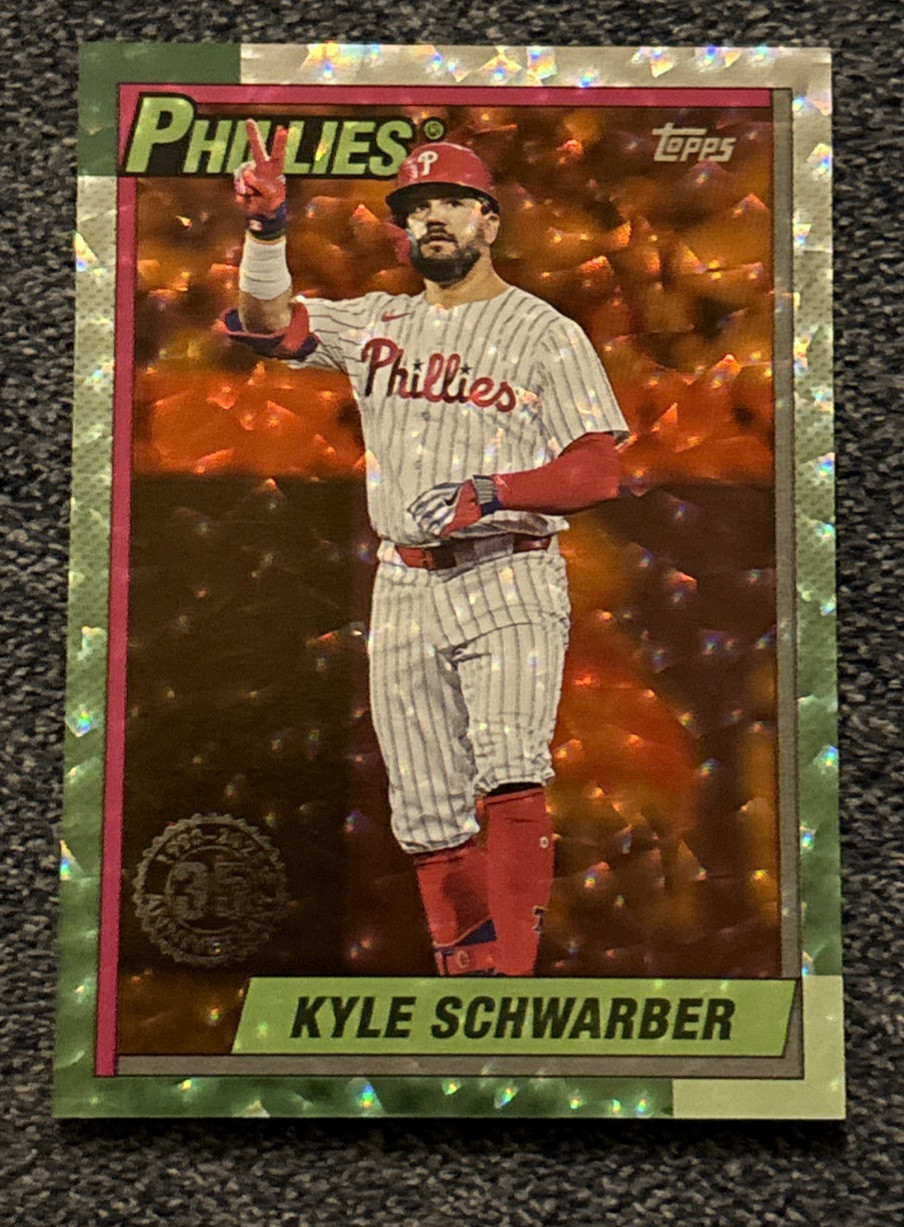 Kyle Schwarber 2025 Topps Series 1 1990 #T90-31 Orange Crackle Foil Parallel /25