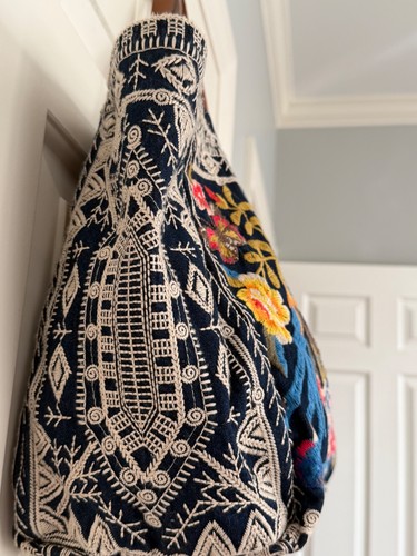 Johnny Was Jasmine Denim bestickt Beuteltasche Handtasche Tasche Blumen Vogel Boho Chic - Bild 7 von 17