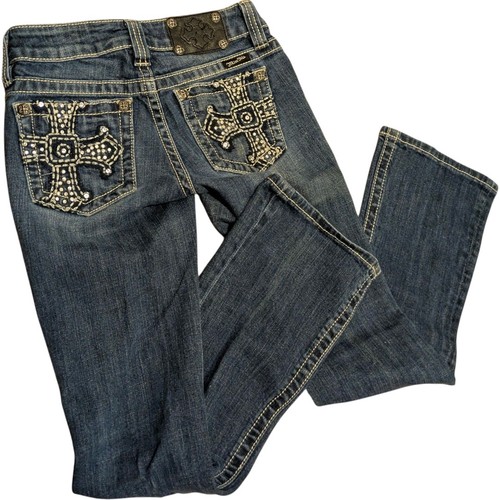 MISS ME Bootcut Blue Jeans Rhinestone Cross Pockets Women's Size 26 Y2K Bling  - Picture 1 of 11
