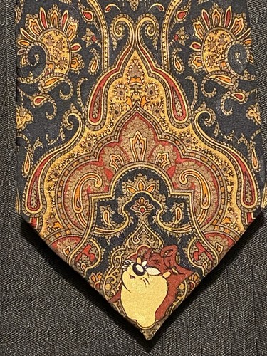 Looney Tunes Mania 1994 Krawatte braun Paisley 100% Seide Taz, BugsBunny und Marvin - Bild 2 von 8