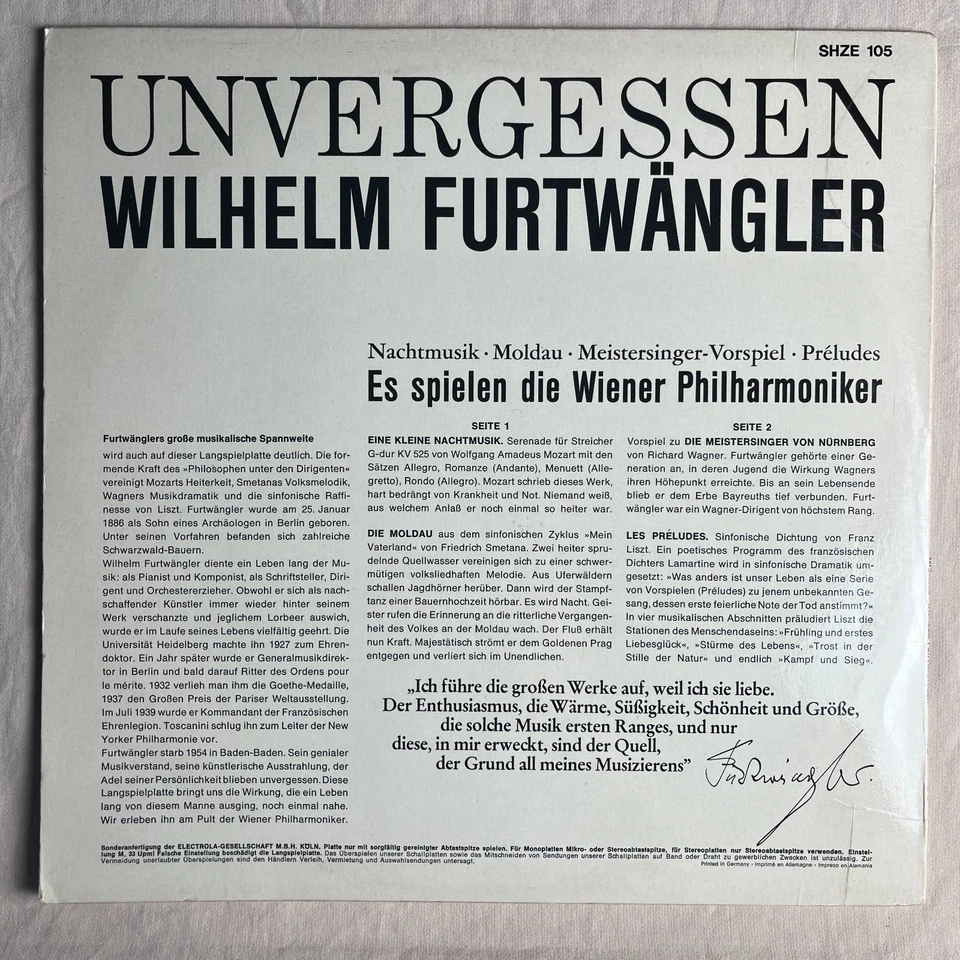 FURTWANGLER Unvergessen 1964 Import Vinyl LP HOR ZU SHZE 105 - VG+ - Image 2 of 4