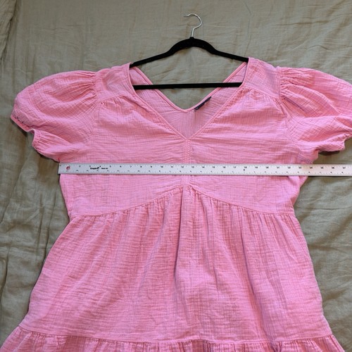 GAP Dress Women’s Sz XXL Pink Crinkle Gauze Puff Sleeve Tiered Mini 100% Cotton - Picture 9 of 12
