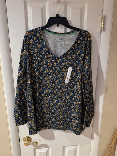 Croft & Barrow Classic Floral Blue Long Sleeve V-neck T-Shirt Sz 2X Women's New - Picture 4 of 7