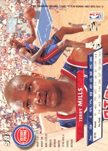 Terry Mills 1993-94 Ultra #58 Detroit Pistons Basketball - Picture 2 of 2