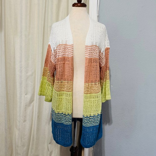 Maurices Women Ombre Stripe Open Knit Long Cardigan Sweater 1/2 Sleeve M Block - Picture 1 of 13