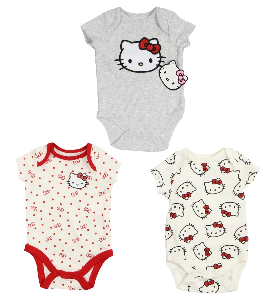 SANRIO HELLO KITTY Baby Girls' 3-Pack Bodysuit Set sz NB Newborn Polka Dot Red - Image 2 of 2