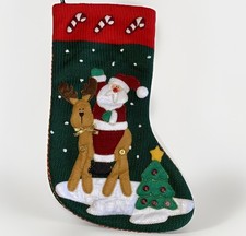 VTG Country Christmas Stocking 16.6 L Knit Buttons Santa Reindeer Tree Flannel