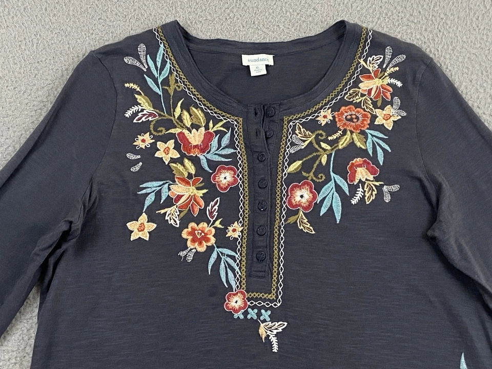 SUNDANCE Wild Willow Floral Bohemian Embroidered Long Sleeve Henley Cowgirl XL - Image 3 of 4