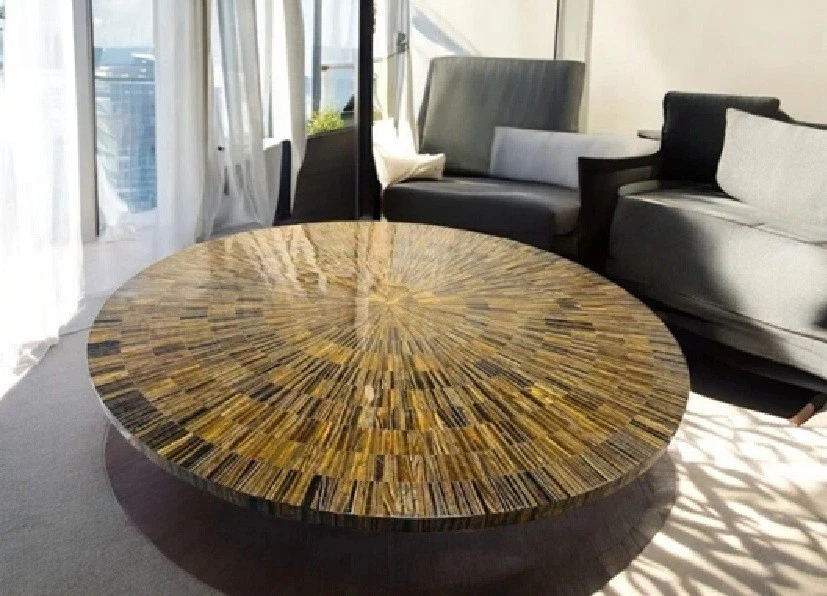 48" Round Tiger Eye Stone Coffee Table Top Kitchen Slab Countertop Garden Decors - Image 3 of 4