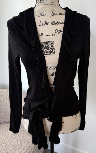 BCBGMAXAZRIA cardigan women’s black L cotton blend  ruffle front Light Weight
