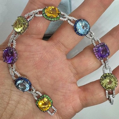 18Ct Cushion Cut Lab-Created Multicolor Tennis Bracelet 14K White Gold Plated