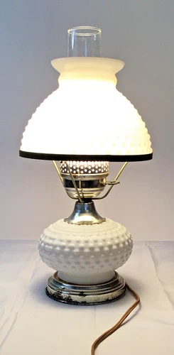 VINTAGE White Hobnail Milk Glass Hurricane Lamp 16”H