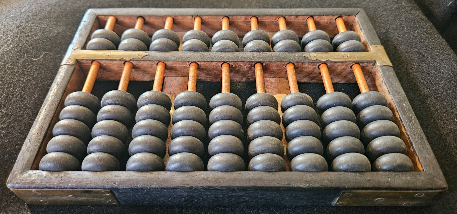 Vintage Hop Cheong Tai Abacus - Wood w/ Brass Hardware. 9 Lines. 63 Beads.