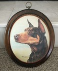 Doberman Dog Beaded Glass Picture In An Oval Wood Frame~Artist: Ahlers-Johnson 