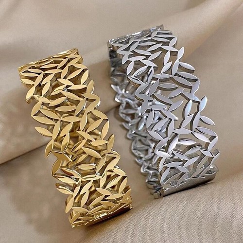 20mm Wide Woman 18k Gold Plated Hollow Leaf Cuff Bracelet Bangle - 第 1/7 張圖片