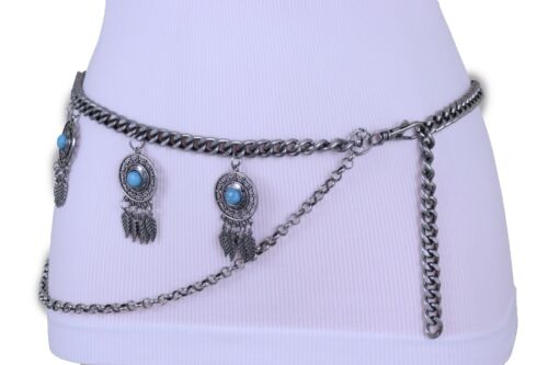 Women Bohemian Belt Rusty Silver Metal Chain Feather Turquoise Charm Plus XL XXL - Picture 4 of 24